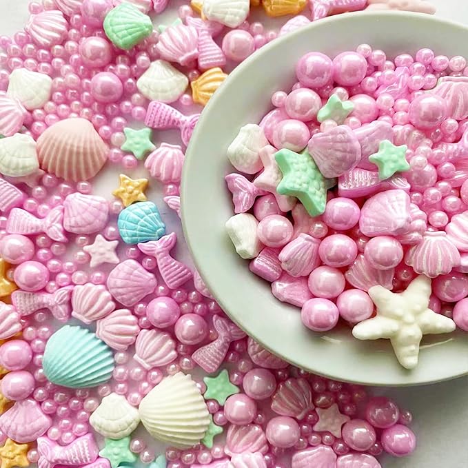 Sentovac Pink Mermaid Sprinkle Edible Decorating Ocean Sprinkles for Cake Cupcake Topper Cookie Baking Decorations Starfish Shell Pearl Mermaid Candy Mix Mermaid Party Birthday Cake Decorations