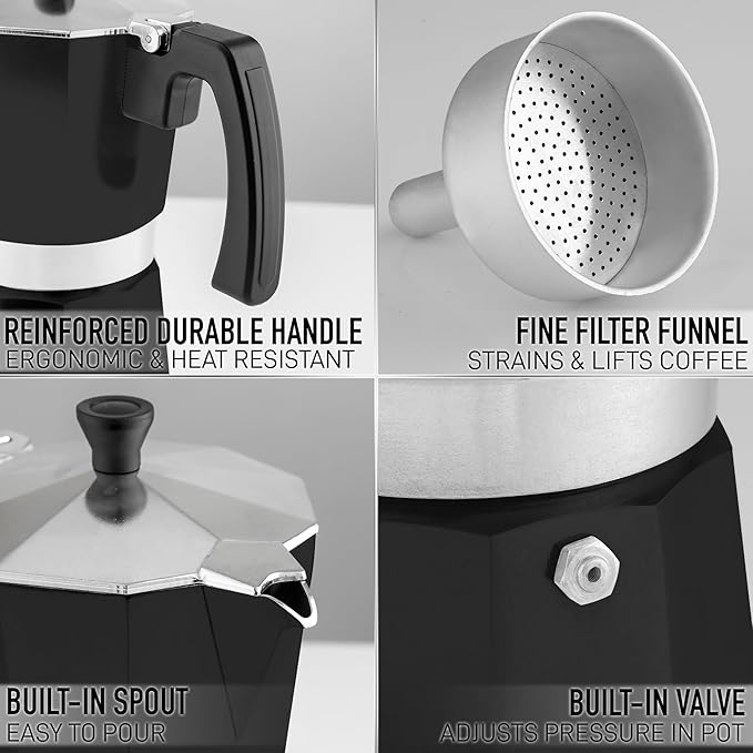 Zulay Moka Pot Espresso Stovetop Coffee Maker - Leak-Proof, Stainless Steel, Easy to Clean, Heat Resistant Handle & Knob - for Authentic Cuban & Italian Style Espresso - Makes 3 Espresso Cups - Black