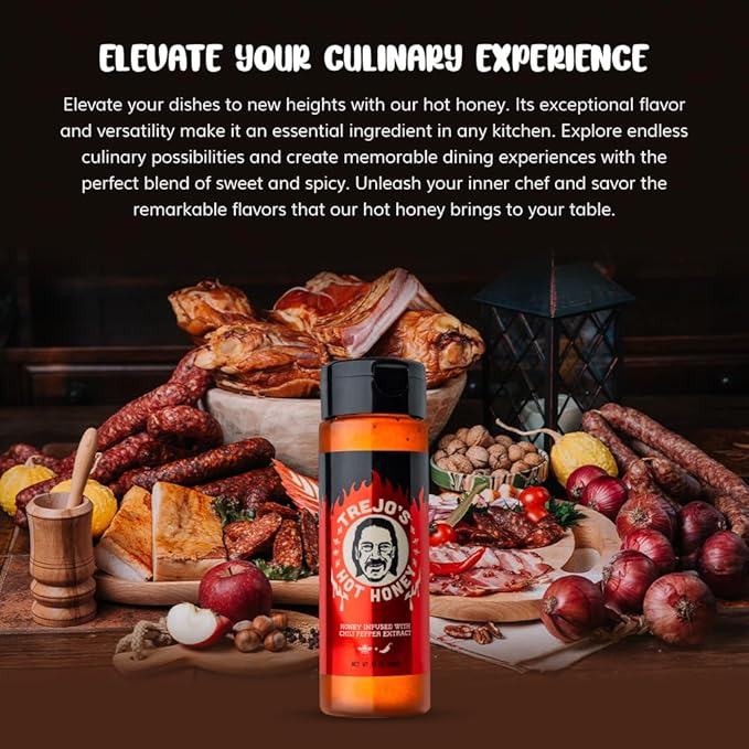 Trejo's Tacos Hot Honey | Sweet and Spicy Honey Hot Sauce | Infused with Chili Pepper Extract | Great for Topping or Dipping Sauce for Oatmeal, Ice-Cream, Fried Chicken & Bbq - Pure and Gluten Free | Authentic Creation by Trejo's Tacos - Pack of 6