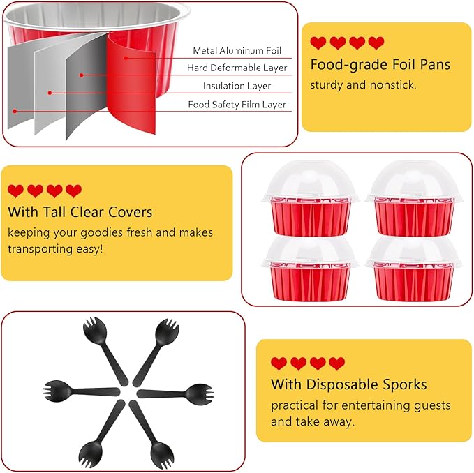 Red Cupcake Liners Muffin Tins 50 Pack,Free-Air 5oz Aluminum Foil Baking Cups with Lids,Disposable Ramekins Cupcake Pans,Jumbo Muffin Liners Cupcake Cups for Custard Mini Pie,with 50 Spoons-Red