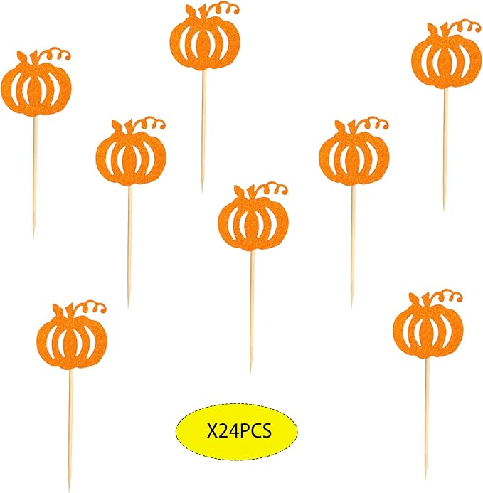 24pcs Orange Glitter Pumpkin Cupcake Toppers - Fall Theme Picks for Thanksgiving, Halloween, Birthday, Baby Shower Party Decoration Supply