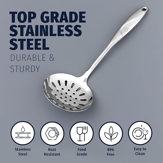 Zulay Kitchen Stainless Steel Slotted Serving Spoon - Large Frying Spoon Skimmer - Durable Utensil with Ergonomic, Easy to Use Handle - Easy to Clean, Perfect for at Home Cooks & Chefs - 14.5??,<div>