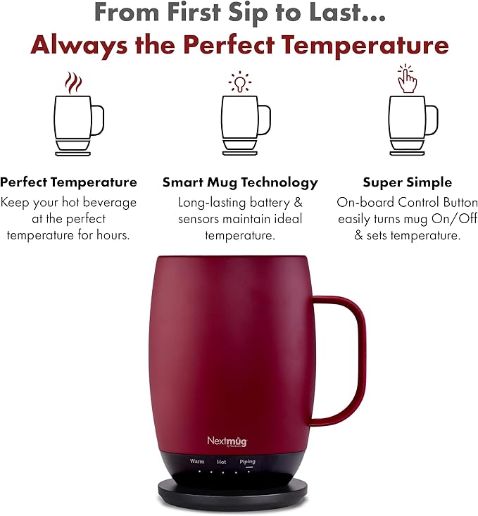 Nextmug Plus - Temperature-Controlled, Self-Heating Coffee Mug (Burgundy - 18 oz.)