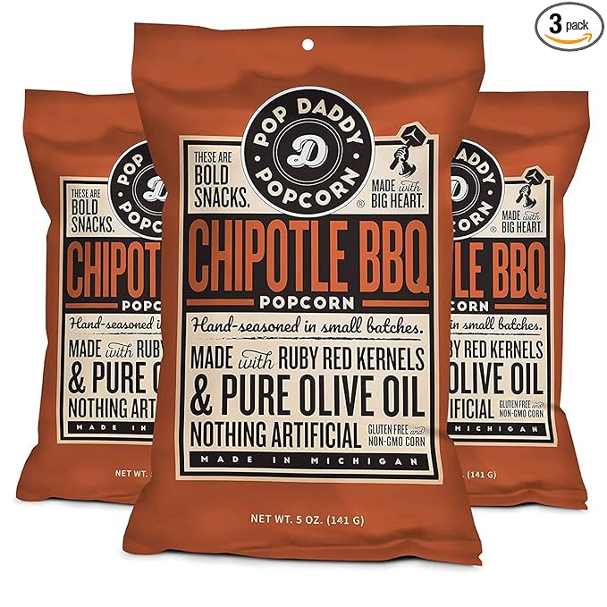 Pop Daddy Flavored Popcorn Gourmet, Chipotle BBQ Flavor Popped Popcorn, Hand Seasoned Ruby Red Kernels, Gluten Free Healthy Popcorn Snacks, 5oz Individual Bags, 3 Pack
