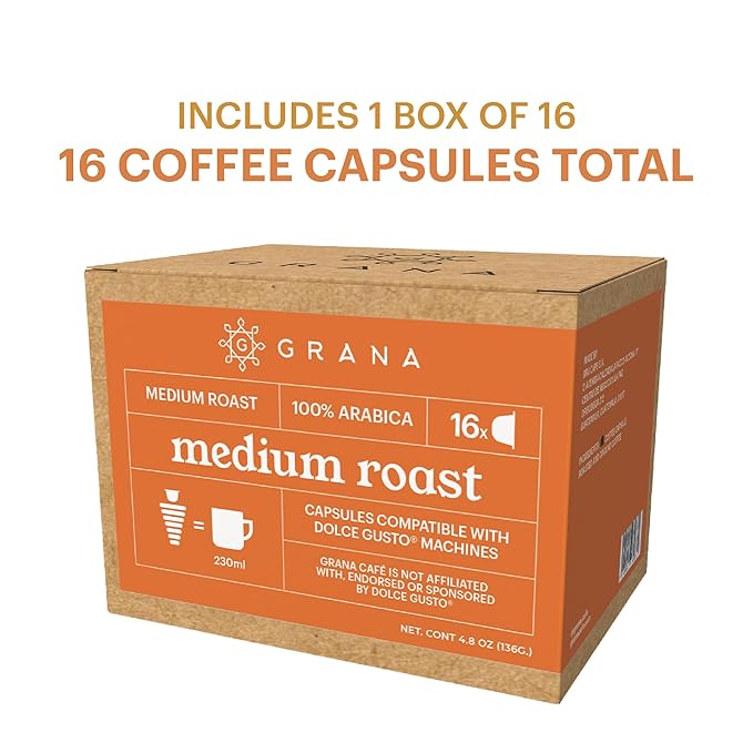 GRANA Medium Roast 16 Capsules Compatible with Nescafe Dolce Gusto - 16 count - 100% Arabica, Single Source, Clean Coffee Pods