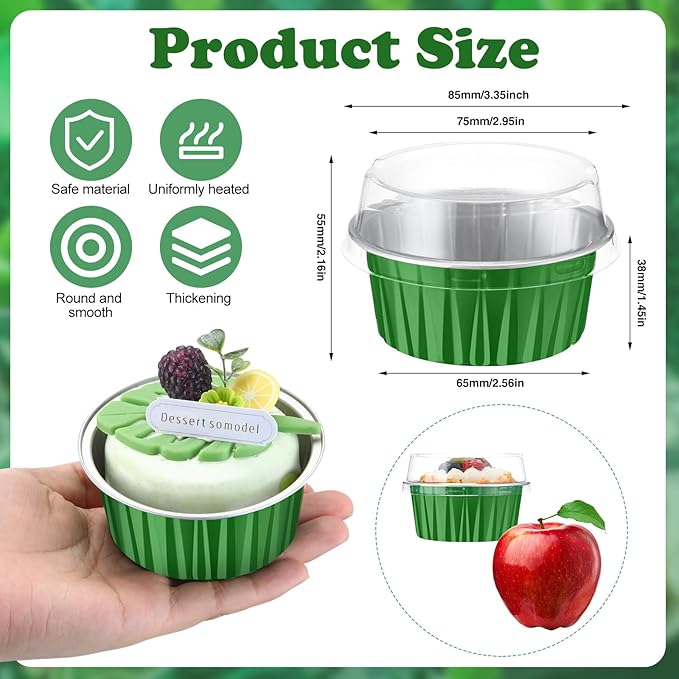 Gejoy 400 Pcs Aluminum Foil Baking Cups with Lids 5 oz Disposable Ramekins Mini Cake Pans Creme Brulee Cupcake Liners Muffin Tins Flan Mold Dessert Container for Wedding(Dark Green,Classic)