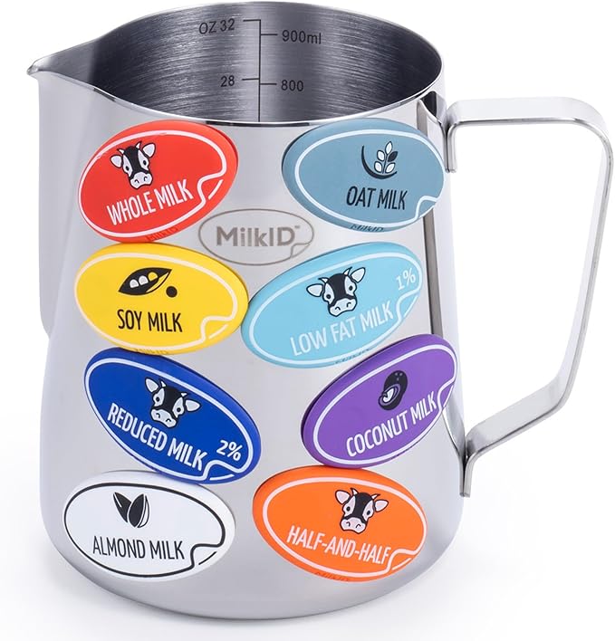Milk Frothing Pitcher with 8 Allergen Silicone Snap-On Labels | Must-Have Barista Tool | Coffee Bar Accessories & Espresso Accessories Kit | (32oz / Pitcher + Labels)