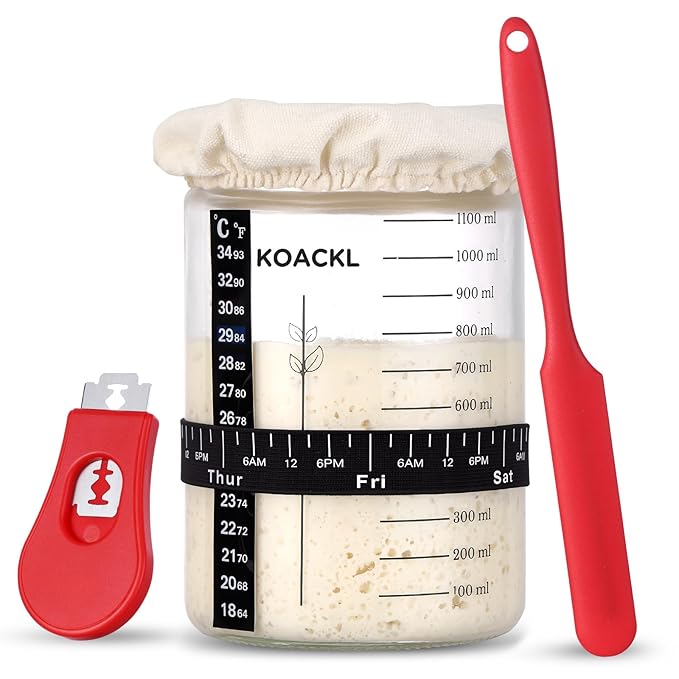 Koackl Sourdough Starter Jar, 40oz Sourdough Starter Kit with Magnetic Bread Lame, Thermometer, Long Scraper, Cloth Cover & Lid for Sourdough Bread Baking Supplies