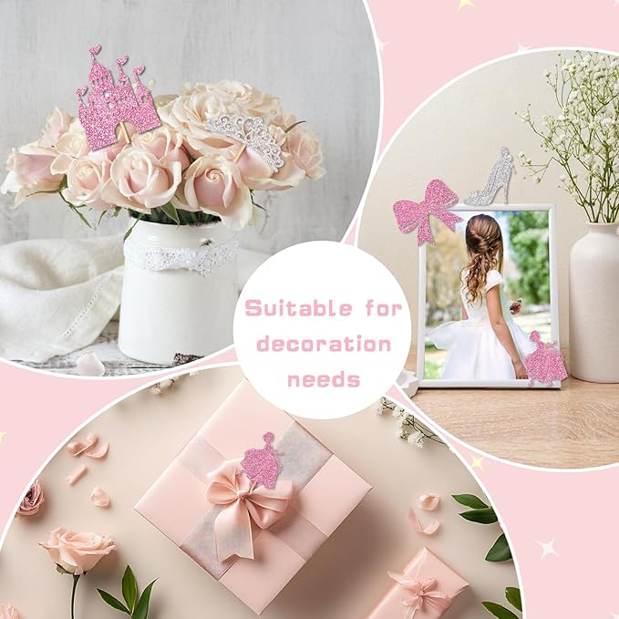 24Pcs Pink Castle Princess Cupcake Topper Silver Glitter Princess Cupcake Toppers High Heel Bow Crown Princess Cake Decorations for Princess Birthday Party Supplies Baby Bridal Shower