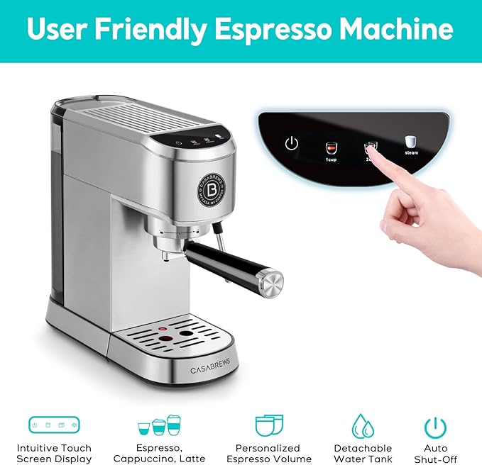 CASABREWS CM5418J Espresso Machine 20 Bar, Professional Espresso Maker with Milk Frother Steam Wand, Stainless Steel Cappuccino Latte Machine with 34oz Removable Water Tank and Touchscreen, Silver
