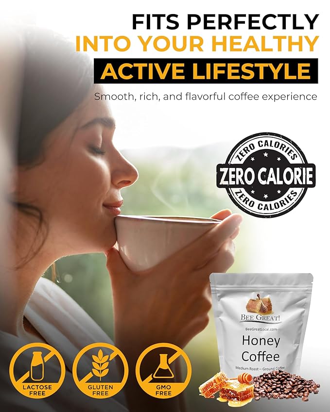 Bee Great Honey Coffee ??Medium Roast Ground Organic Arabica Beans Infused with Pure Honey ??Smooth, Not Too Sweet, No Artificial Sweeteners or Flavorings ??12oz Bag