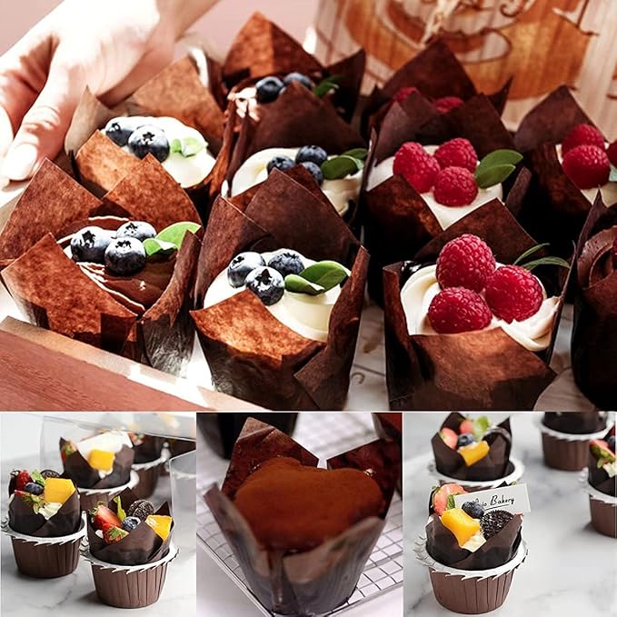 200PACK Tulip Baking Paper Cups Cupcake Liners Baking Cups Muffin Wrappers Greaseproof Paper Made,Perfect for Birthday Parties,Weddings,Bakeries,Restaurants, Brown
