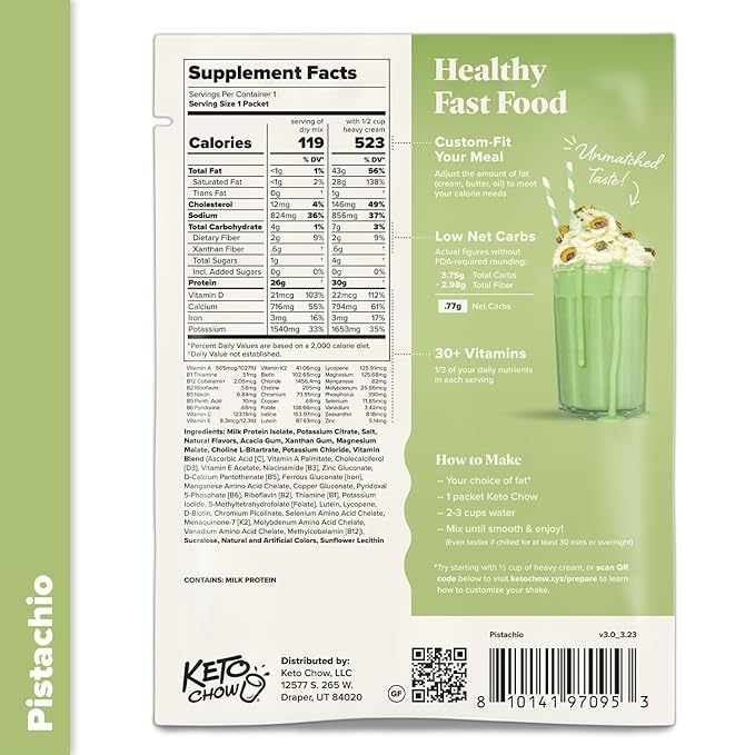 Keto Chow Pistachio | Keto Meal Replacement Shake Powder | Nutritionally Complete | Low Carb | Delicious Easy Meal Substitute | Protein Rich You Choose The Fat | 21 Meal Serving