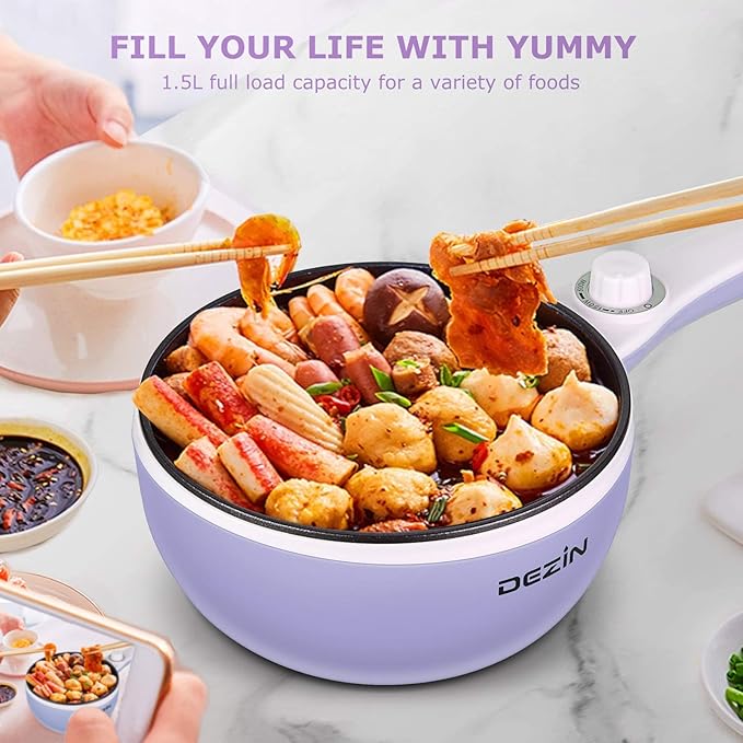 Dezin Hot Pot Electric Upgraded, Non-Stick Saut챕 Pan, Rapid Noodles Electric Pot, 1.5L Mini Portable Hot Pot for Steak, Egg, Fried Rice, Ramen, Oatmeal, Soup with Power Adjustment