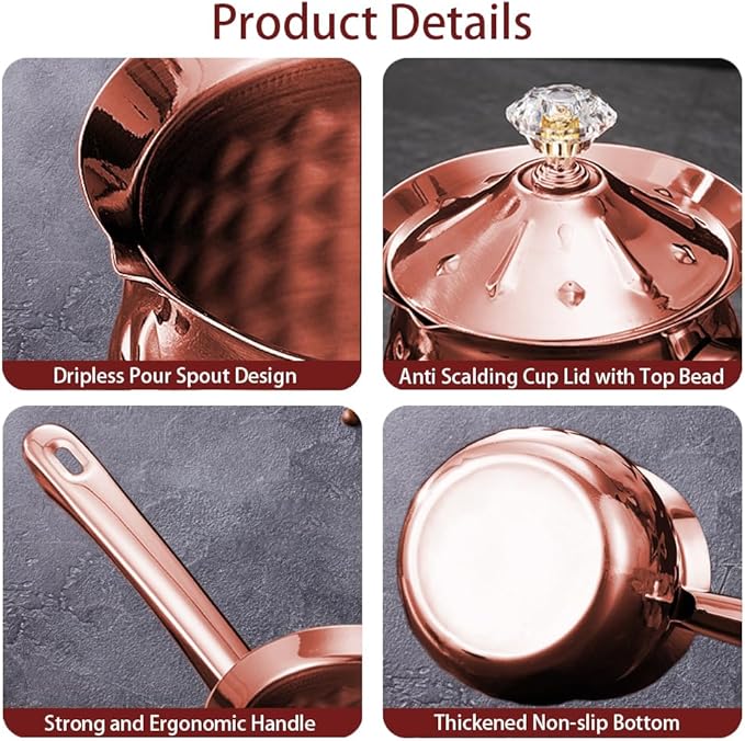 20 Oz / 600 Ml Stainless Steel Turkish Greek Arabic Coffee Pot, Stainless Steel Stovetop Coffee Maker with Lid and Handle, Espresso Maker, Milk & Butter Warmer, Rose Gold
