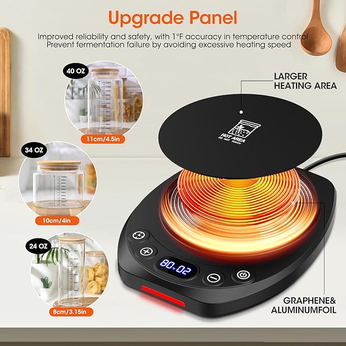 MQFORU Upgrade Sourdough Starter Warmer Mat, Precise 1°F Thermostat Control (70-120°F), Smart Memory Leavening Pad for Kitchen Sourdough and Bagels, 0-24H Timer with US Plug, °C/°F Display