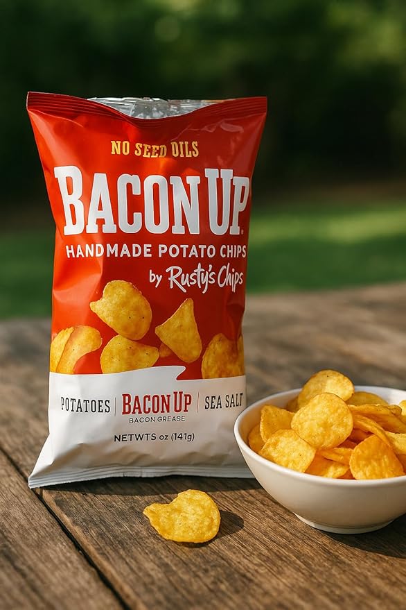 Bacon Up By Rusty's Chips, Handmade Healthy Chips, Sea Salt Potato Chips, No Seed Oils, Dairy Free Snack Pack, Gluten Free, No Preservatives, Non-GMO, 5 Ounces (6 Pack)