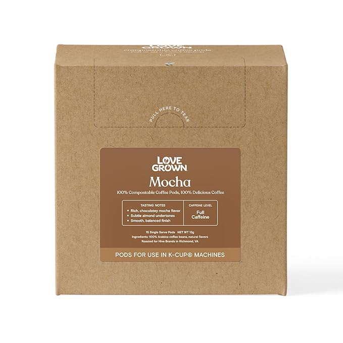 Love Grown Compostable Coffee Pods - Compatible with Single-Serve Brewing Machines - 100% Arabica Beans, Plastic-Free, Gluten-Free, Non-GMO - Mocha, Box of 15