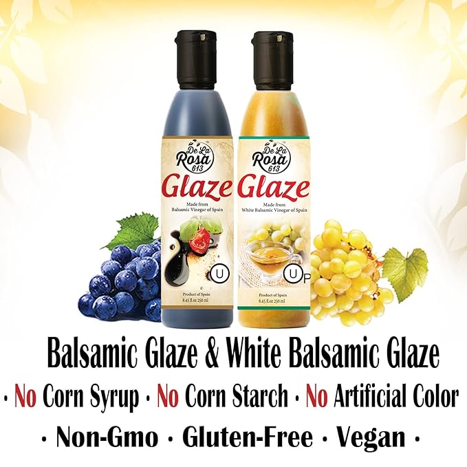 De La Rosa Dark & White Balsamic Glaze, Vegan, Kosher for Passover & Gluten Free, Great for Salad Dressings, Marinades & More, Made from balsamic Vinegar of Spain, 8.45 Oz (combo)