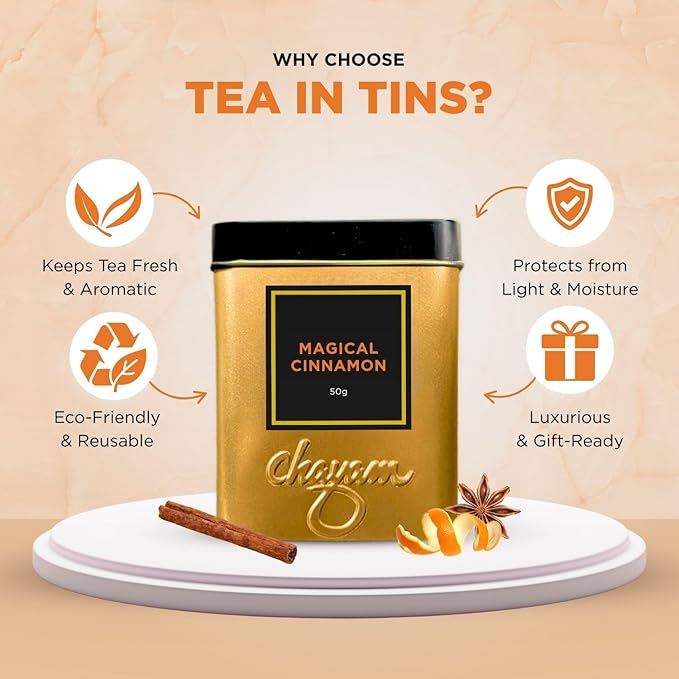 CHAYAM Magical Cinnamon Tea Tin ??Green Tea Loose Leaf, 50g (1.76 oz) Each ??With Sweet Clove, Star Anise & Orange Peel ??Spiced Herbal Tea ??Lightly Caffeinated ??Gift Tin