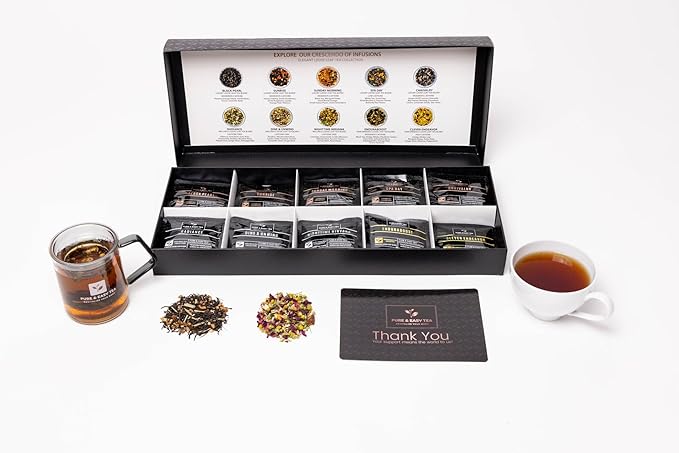 Pure And Easy Tea, Premium Tea Sampler Gift Box & Tea Infuser Brewing Mug, Tea Lovers Dream, 30 Count Tea Collection Makes 60 Cups