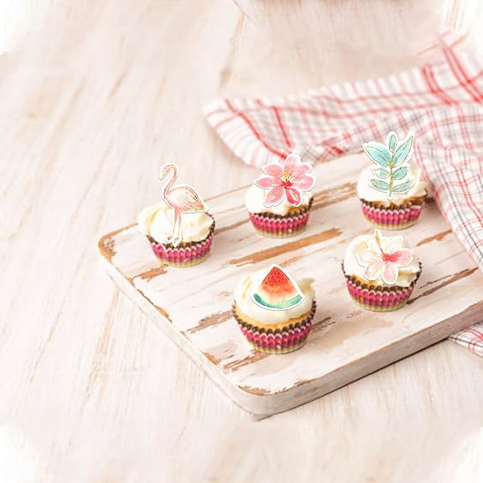 60 Pack Edible Flamingo Cupcake Toppers Wafer Paper Tropical Aloha Luau Pineapple Watermelon Cupcake Picks Flamingo Hawaiian Beach Cake Decorations for Summer Theme Birthday Party Supplies