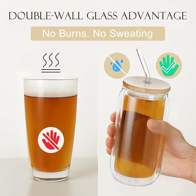 LIBWYS 13.5oz 4pcs Double Wall Glass Cups with Bamboo Lids and Straws - Condensation Resistant Insulated Drinking Glasses for Cold Beverages, Iced Coffee, Tea, Juice, Clear Borosilicate Glass Tumbler