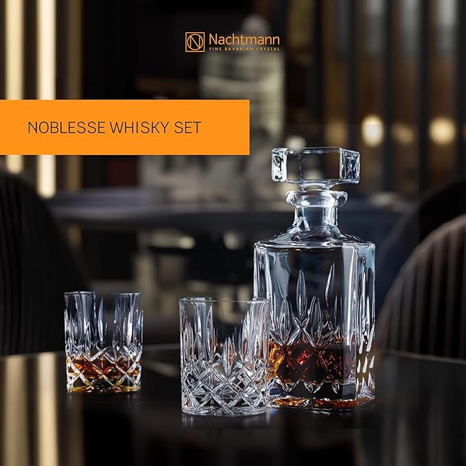 Nachtmann Noblesse 3-Piece Crystal Whiskey Set - 25oz Decanter with Stopper & 10.4oz Tumblers, Luxurious Glassware for Elegant Home Bars & Whiskey Enthusiasts - Modern Glass Collection