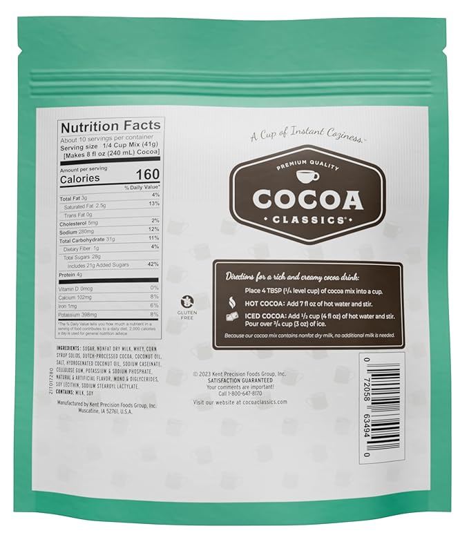 Cocoa Classics Mint Cocoa Mix, Hot Chocolate, Made with Nonfat Milk, Just Add Hot Water, Make Hot or Iced Cocoa, Gluten Free & Kosher Dairy Friendly, 14.8 oz Pouch (Pack of 1)