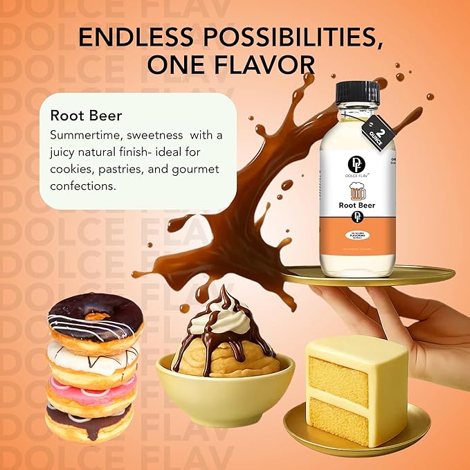 Dolce Flav Root Beer Extract ??2 Ounce Oil-Soluble Kosher, Sugar-Free, Concentrated Classic Root Beer Flavoring for Baking, Chocolates & Desserts, Includes Measured Dropper