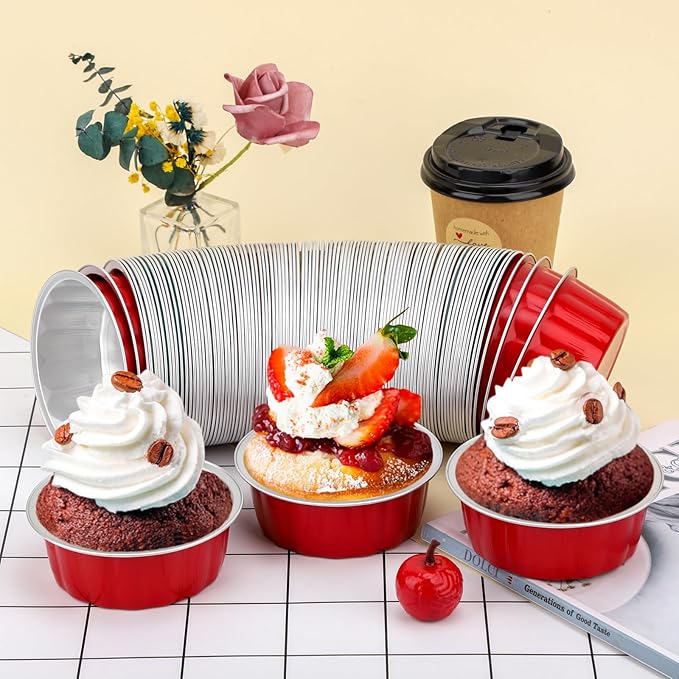 Beasea Disposable Aluminum Foil Cups 100 Pack, 8 oz 235ml 3.9" Bake Ramekin Cup Muffin Cupcake Baking Cup Mini Pudding Cups for Party Wedding Birthday - Red
