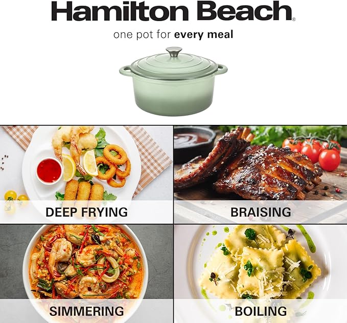 Hamilton Beach Enameled Cast Iron Dutch Oven 5.5-Quart Sage, Cream Enamel Dutch Oven Pot with Lid