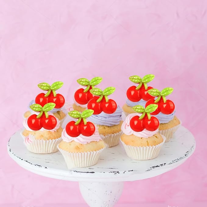 30 Pack Cherry Birthday Cupcake Toppers Red Glitter Cherry Cupcake Picks for Fruit Baby Shower Kids 1st Birthday Summer Cake Decorations Party Supplies