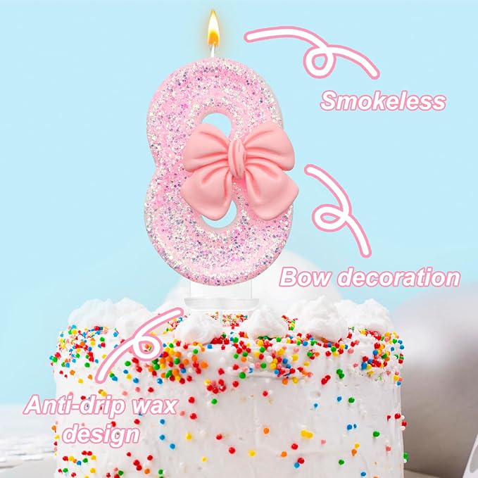 Birthday Cake Candles, Pink Glitter with Bow Cake Candles, Birthday Party Cake Toppers, Cute Birthday Candle Decorations (8)