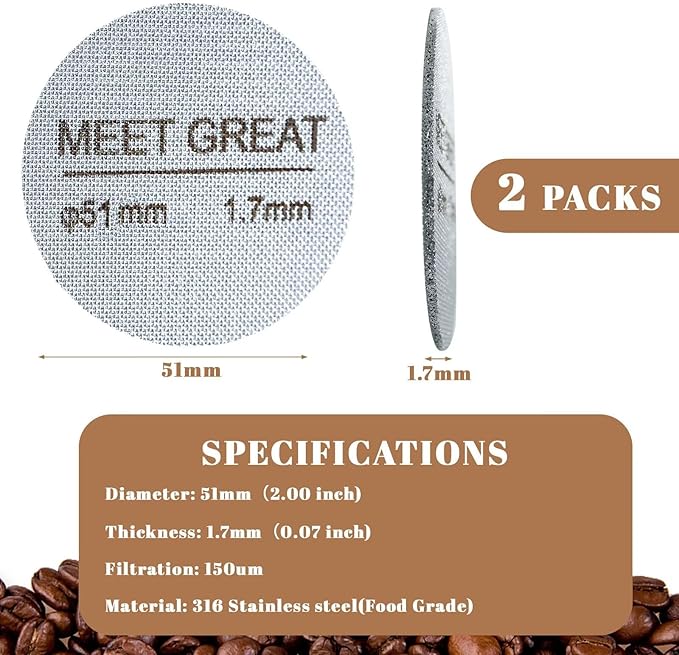 Meet Great- 2 Packs 51mm Espresso Puck Screen, 1.7mm Thickness 150?œm 316L Stainless Steel, Upgraded Reusable Coffee Filter Screen for 51mm Breville Portafilter Filter Basket