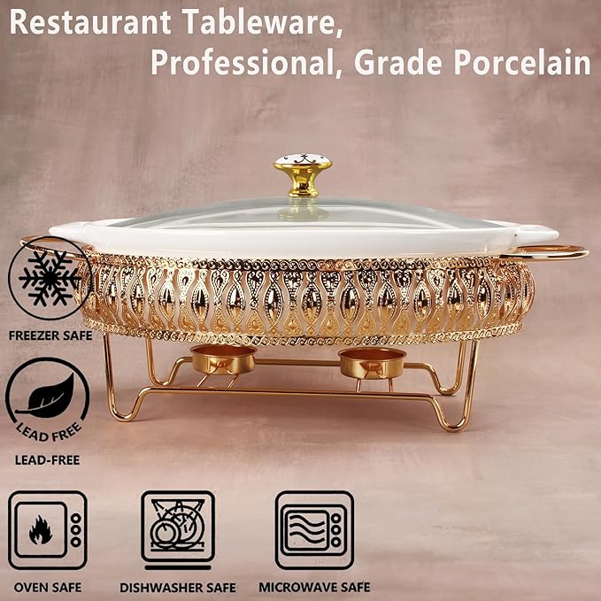 10" x 7" Ceramic Oval Casserole Dish with Glass Lid and Gold rack, 30 Ounce White Serving Soup Tureen,Chafing Dish for Buffet, Family Food preserve Tray, Catering Casserole for Party Style
