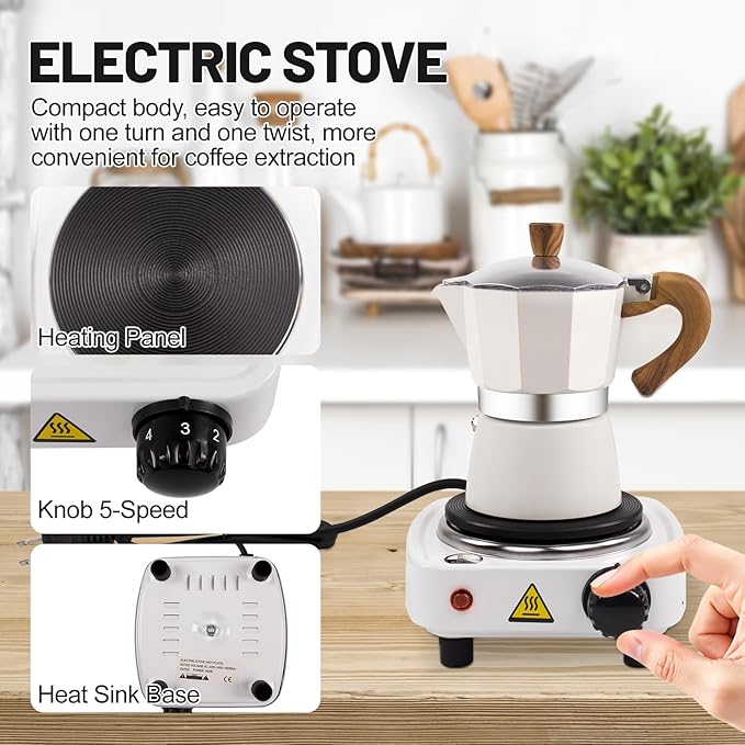 7-in-1 Moka Pot Espresso Set with Electric Stove 3 Cup Aluminum Stovetop Coffee Maker Percolator Italian Classic Mocha Coffee Machine with Hand Grinder Sealing Canister Spoon Portable Camping