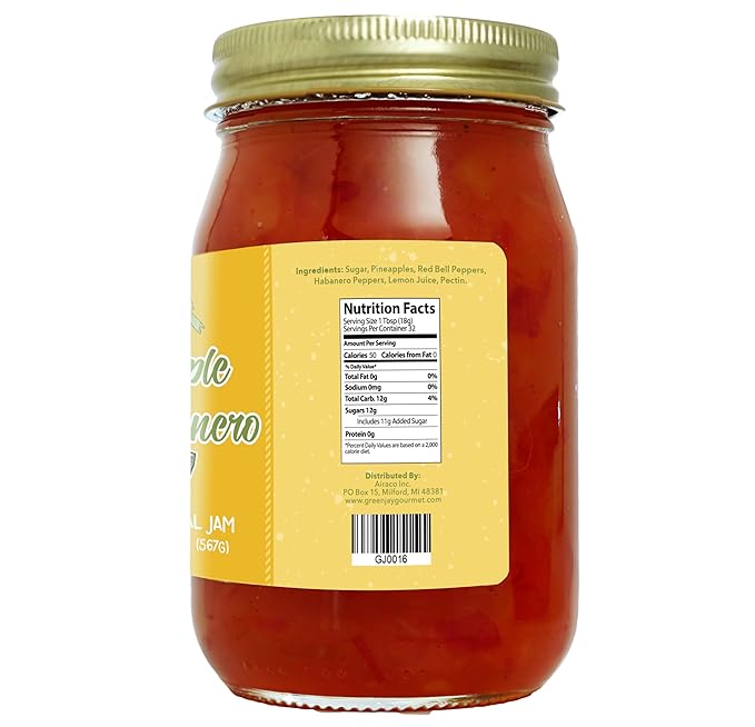 Green Jay Gourmet Pineapple Habanero Jam - All-Natural Pineapple Jam with Fresh Pineapple, Habanero Peppers & Lemon Juice - Vegan, Gluten-free Jam with No Preservatives - Made in USA - 20 Ounces