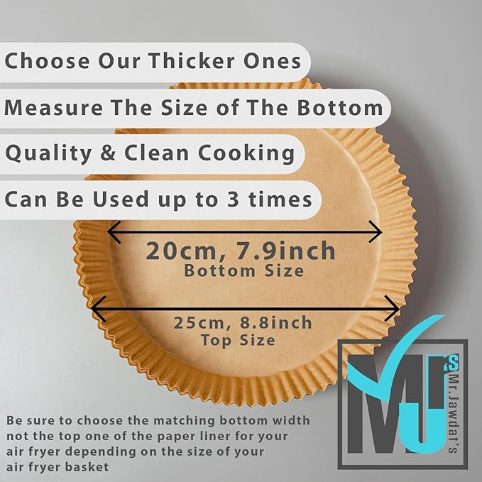 ((Extra Strong)) Air Fryer Disposable Paper Liner 100Pcs, Mr.Jawdat's Strong AirFryer Liners, Non-Stick Liner for Air Fryer and Microwave, Free of Bleach (Round, Bottom Size 7.9inch).