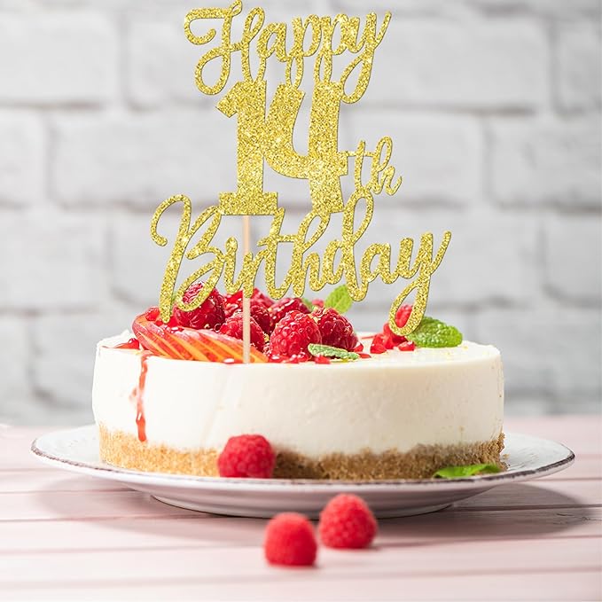 1 PCS Happy 14th Birthday Cake Topper Glitter Cheers to 14 Years Birthday Cake Pick Fourteen Hello 14 Fabulous Cake Decoration for Happy 14th Birthday Anniversary Party Decorations Supplies Gold