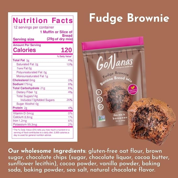 GoNanas Fudge Brownie Oat Flour Banana Bread Mix, Suitable for Plant Based Vegan Diets, Gluten Free Dairy Free Snacks, Healthy Snacks For Adults, Muffin Mix, Nut Free, Cupcakes Dessert, NON-GMO, 2pk