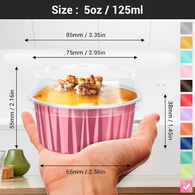 EUSOAR Disposable Ramekins with Lids, 60pcs 5oz Foil Dessert Cups, Aluminum Baking Cups Liners Mini Cupcake Containers Cheesecake Creme Brulee Ramekins for Wedding Party Catering Gathering-Carmine