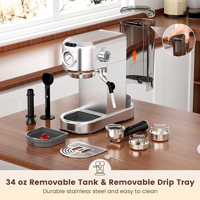 Espresso Machine 20 Bar, Compact Espresso Maker, Stainless Steel Expresso Coffee Machines with Steam Milk Frother & 34oz Removable Water Tank for Home Latte, Cappuccino, Silver