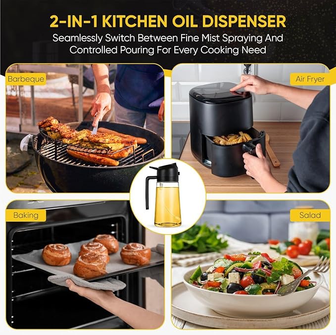 2-in-1 Olive Oil Dispenser Bottle, Spray and Pour, Multi-Use Kitchen Gadget, Food-Grade, Salad Dressing, Air Fryer, Healthy, BBQ, Barbecue (Black)