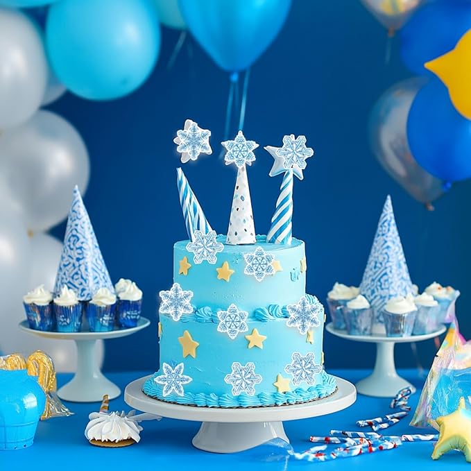 48Pcs Edible Cake Cupcake Toppers Snowflakes - Wafer Paper Edible Cake Decorations & Snowflake Cupcake Toppers for Christmas, Winter Birthday Party Decor Supplies (Light Blue & White)