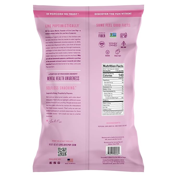 Live Love Pop Sweet and Salty Kettle Corn Flavored Gourmet Popcorn, 7 Oz (Pack of 6), Healthy Snack, Gluten Free, Vegan & Non-GMO, Mission Driven Munchies