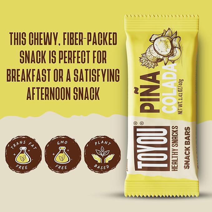 ToYou Chewy Fruit and Nut Bars - Healthy Protein Snacks | Piña Colada - 1.41 Ounce (Pack of 12) | Soft Chewy, Vegan, Fiber-packed Granola Bars for Adults and Kids, Made with Natural Ingredients