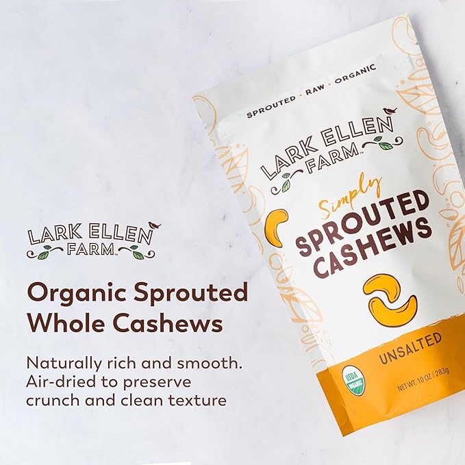 Lark Ellen Farm Unsalted Organic Raw Cashews, Sprouted, Air-Dried, Gluten-Free, Non-GMO, Vegan, Keto, Certified USDA, Peanut-Free Facility, Resealable Bag (10 oz, 6 pack)
