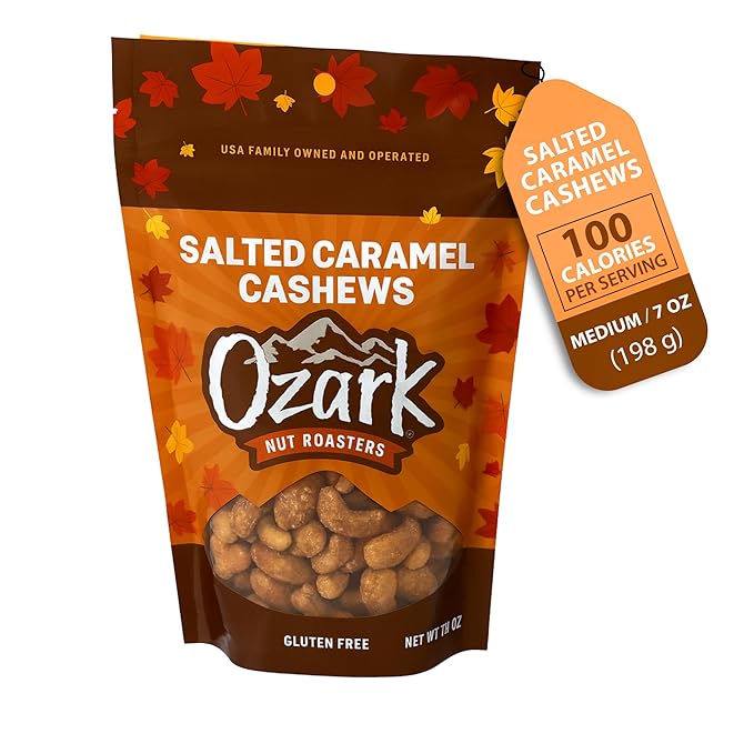 OZARK NUT ROASTERS Salted Caramel Cashews, Gourmet Candied Nuts Snack, Gluten-Free, Sea Salt & Caramel Glazed Cashews, Seasonal Fall Gift Packaging, 7 oz