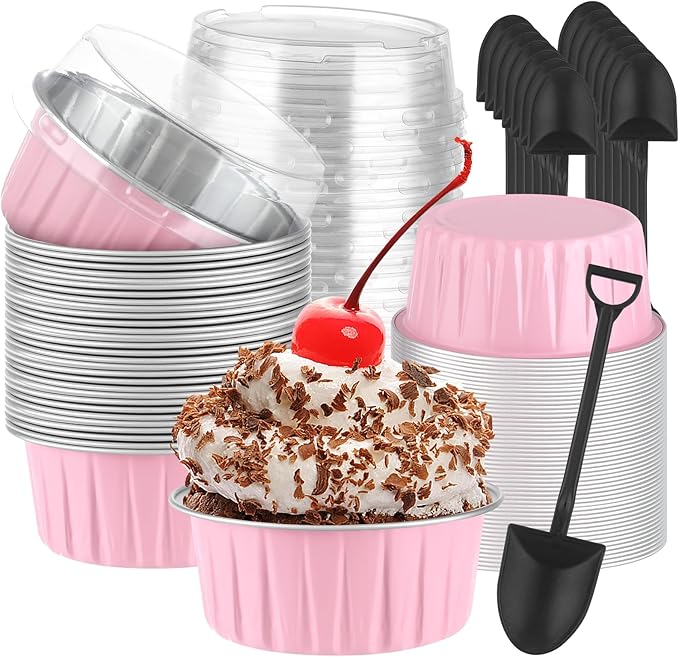 100Pack Alluminum Cupcake Containers, 5oz Dessert Cups with Lids, Mini Cake Pans With Lids&Spoons for Gift Holiday Birthday Party Cake Baking Sales Mini Storage Box Stackable Portable (pink)